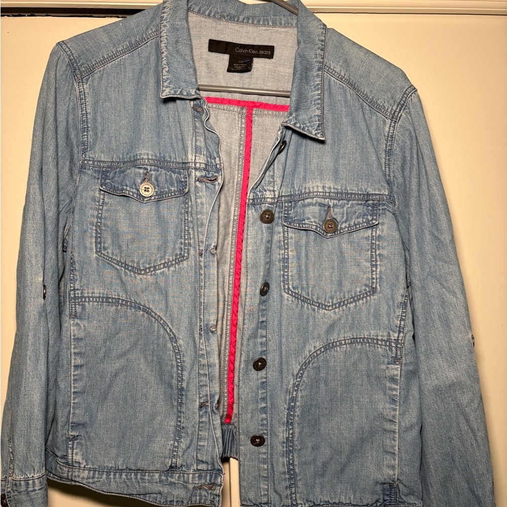 Calvin Klein Jeans Light Blue Denim Jacket with Pink Trim